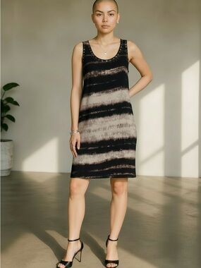Authentic Icon Sleeveless Mini Dress in Black and Taupe Stripe
